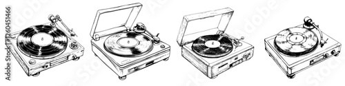 Vector illustration of vintage record players showcasing the evolution of music technology in a hand-drawn style