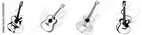 Detailed vector illustration of musical guitars in hand-drawn style highlighting their unique characteristics and artistry