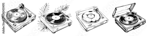 Vector illustration showcasing hand-drawn vintage record players in various styles with intricate details of each turntable