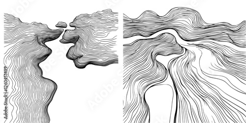 Unique hand-drawn vector illustration showcasing flowing lines representing faces merging in a surreal landscape