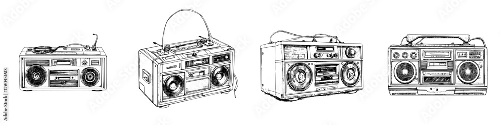 Obraz premium Retro hand-drawn vector illustrations of classic boomboxes from different eras showcasing diverse designs and features