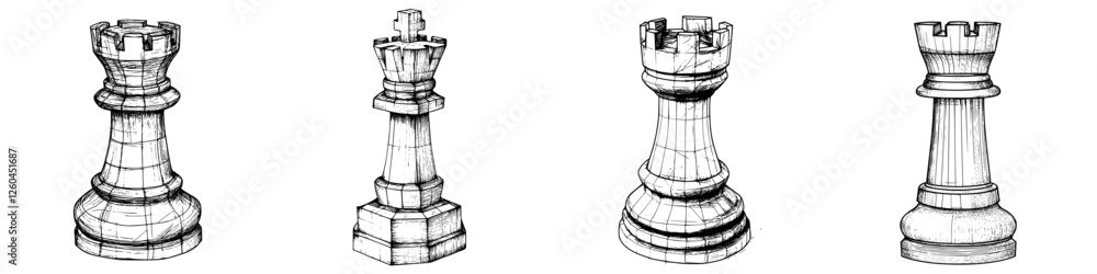 Hand-drawn vector illustration of chess rooks showcasing intricate designs and details Hand-drawn vector illustration of chess rooks showcasing intricate designs and details