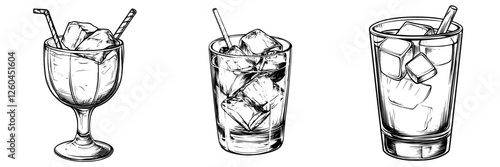 Hand-drawn vector illustration of cocktails in elegant glasses with ice cubes and straws for refreshing summer drinks