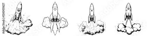 Vector illustration of hand-drawn rockets launching into the sky with smoke trails and dynamic energy suggested