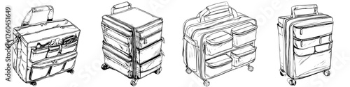 Hand-drawn vector illustration of various suitcases showcasing different styles and features for travel enthusiasts