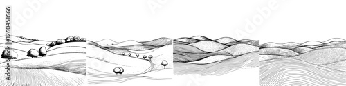 Hand-drawn vector landscape illustration capturing serene hills, trees, and winding paths in a tranquil setting
