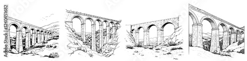 Hand-drawn vector illustration of ancient aqueducts showcasing architectural beauty in a serene landscape