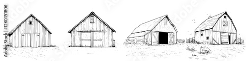 Hand-drawn vector illustration of rustic farm barns in different styles and arrangements showcasing rural architecture