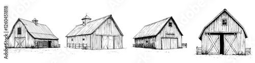 Hand-drawn vector illustration of rustic farm barns showcasing varying styles and designs in a serene countryside setting