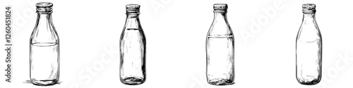 Vector illustration of hand-drawn glass bottles showcasing different stages of liquid fill