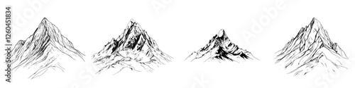 Hand-drawn vector illustration of majestic mountain ranges in varying styles, showcasing nature's beauty and diversity