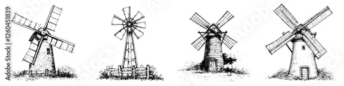 Unique hand-drawn vector illustration of traditional windmills in rustic countryside settings