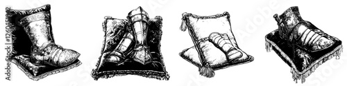 Hand-drawn vector illustration of medieval armor resting on decorative cushions