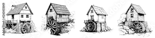 Vector illustration of hand-drawn watermills at a riverside location showcasing traditional architecture and historical craftsmanship details