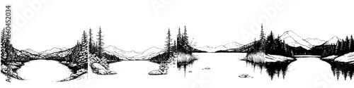 Hand-drawn vector illustration of serene lakes and mountains depicting nature's tranquility in a peaceful countryside setting