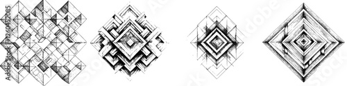 Vector illustration showcasing intricate hand-drawn geometric patterns in black and white depicting symmetry and design diversity