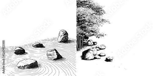 Hand-drawn vector illustration of stones and nature in a tranquil setting during a calm afternoon