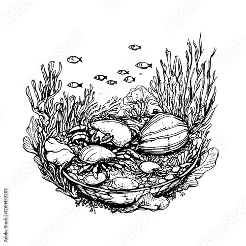 Ocean ecosystem illustration featuring diverse marine life and coral in a hand-drawn style