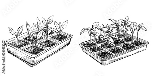 Hand-drawn vector illustration of seedling trays showcasing healthy plant growth in an indoor gardening setup