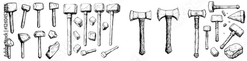 Collection of hand-drawn vector illustrations of various hammers and axes on a white background