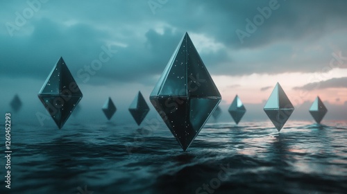 Group of seven triangular-shaped objects floating on the surface of the water. the objects are arranged in a line, with the largest one in the center and the others scattered around it. photo