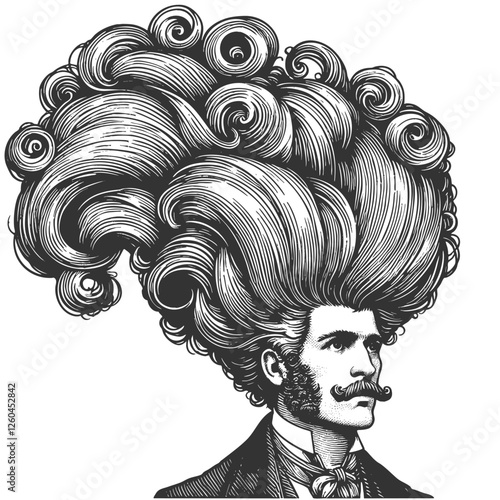 gentleman with an incredibly large, curly hairstyle, blending humor, surrealism, and vintage artistic style sketch engraving generative ai vector illustration. Scratch board. Black and white image.