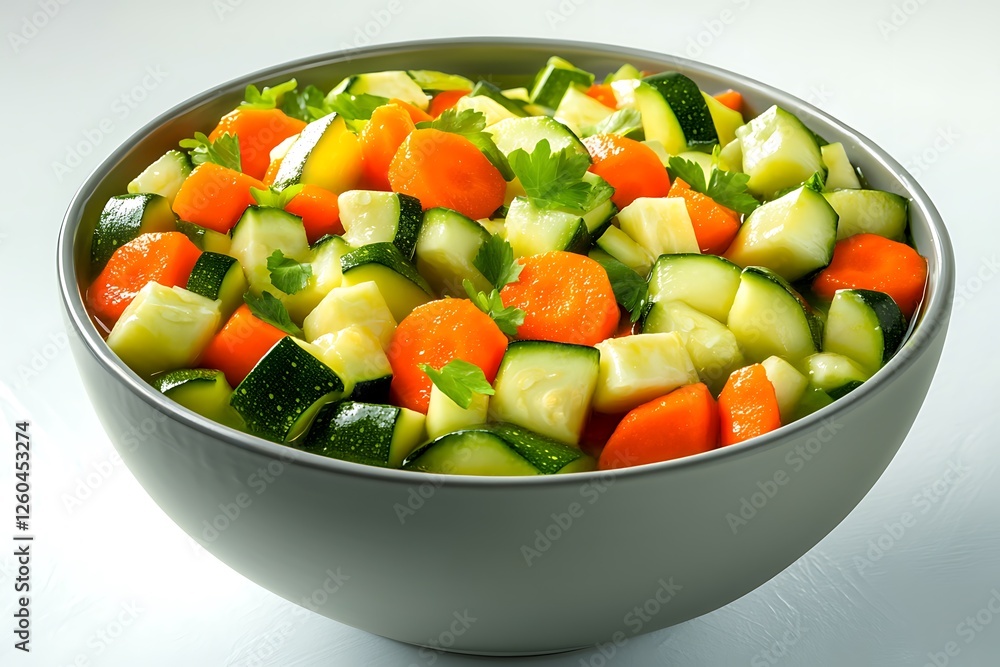 A vibrant bowl of vegetable soup overflowing with diced zucchini, carrots, and bell peppers, elegantly captured against a crisp white backdrop, showcasing freshness and flavor. A vibrant bowl of vegetable soup overflowing with diced zucchini, carrots, and bell peppers, elegantly captured against a crisp white backdrop, showcasing freshness and flavor.