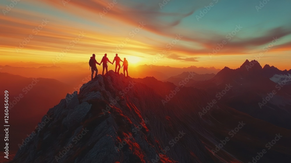 Teamwork at Sunrise: Hikers Celebrating Success on Mountain Peak Teamwork at Sunrise: Hikers Celebrating Success on Mountain Peak