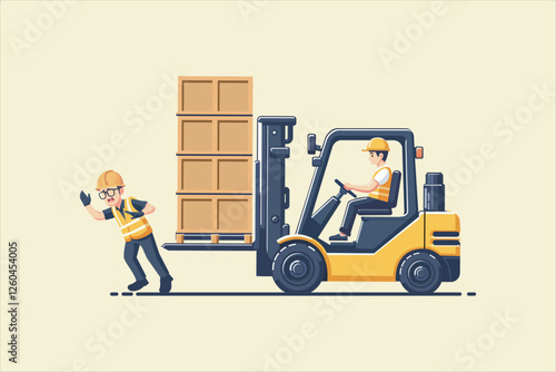 Illustration industrial worker driving a forklift in an accident to a worker. Vector illustration.