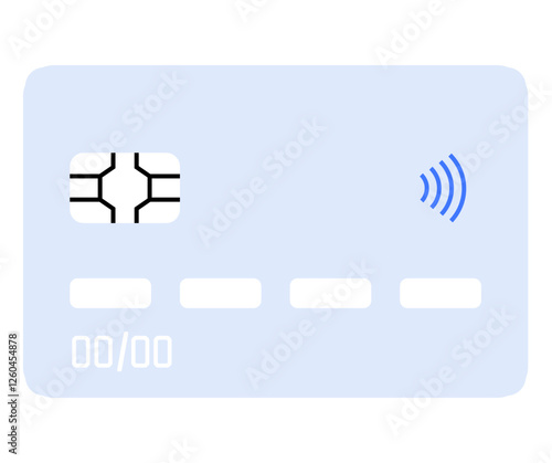 Simple light blue contactless credit card featuring an EMV chip, placeholder numbers, and wireless payment symbol. Ideal for Fintech, security, digital payments, ecommerce, mobile banking, financial