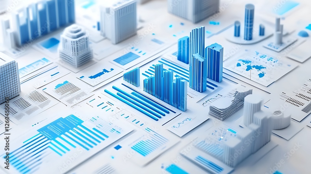 3D Financial Charts and Data Analysis Visualization, A blue and white financial chart with data graphs 3D Financial Charts and Data Analysis Visualization, A blue and white financial chart with data graphs