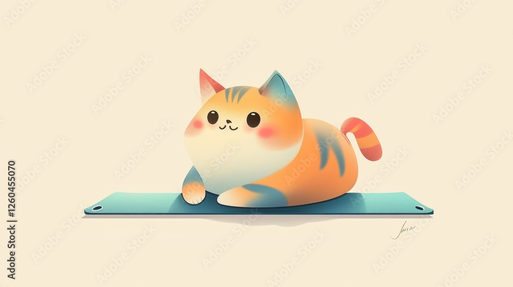 Adorable illustration of a chubby orange tabby cat lying on a blue yoga mat, radiating warmth and calmness. Perfect for pet and wellness-related designs. AI generated.