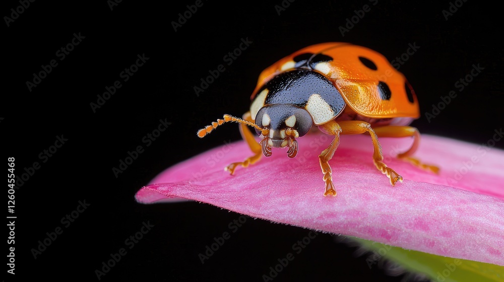 Ladybug on pink petal, black background, macro shot, nature photography Ladybug on pink petal, black background, macro shot, nature photography