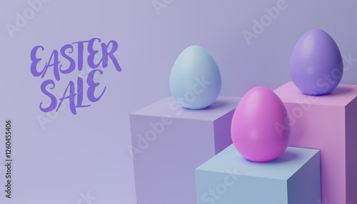 3d render easter cube pastel podium, egg banner. Three-dimensional vector illustration. Greeting poster for celebration, springtime holiday, kids hunt or design for sale advertising. Modern template