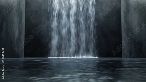 Black and white photograph of a waterfall. the waterfall is in the center of the image, with the water cascading down from the top to the bottom.