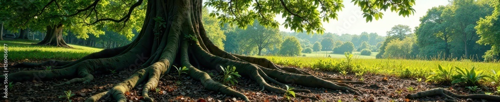 Naklejka premium Enormous tree roots sprawling across landscape, pattern, environmental, nature