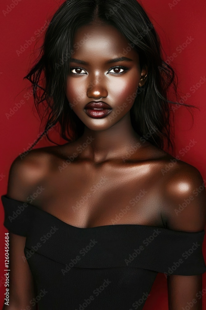 Fototapeta premium Stunning Portrait of a Young Black Woman with Dark Hair and Deep Brown Skin