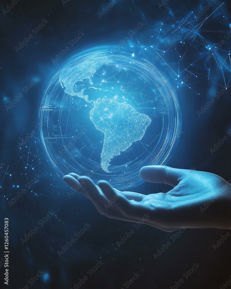 Hand holding virtual globe with digital data Hand holding virtual globe with digital data