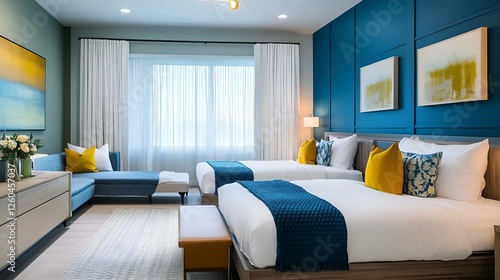 Luxurious Hotel Room with Two Queen Beds, Blue Accent Wall, White Curtains, and Modern Decor - Stylish Accommodation Interior Design