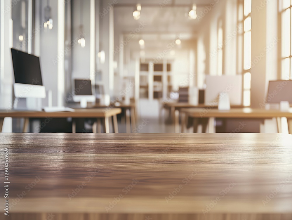 Fototapeta premium Wooden desk in modern open office space.