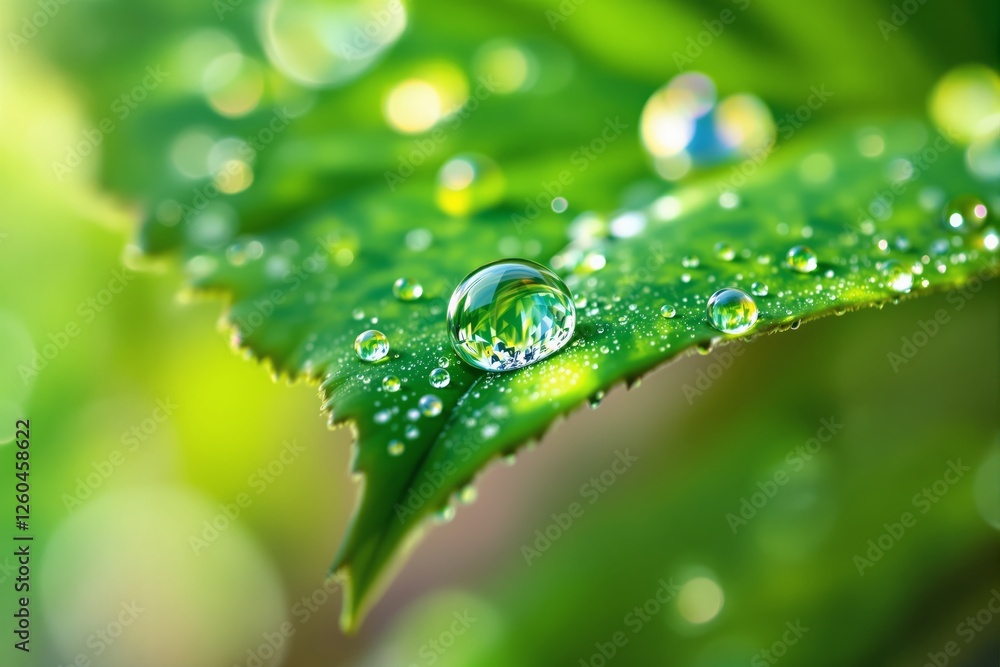 Close-up of a vibrant green leaf with transparent water droplets reflecting light, set against a blurred green background. Concept of freshness and nature. Ai generative Close-up of a vibrant green leaf with transparent water droplets reflecting light, set against a blurred green background. Concept of freshness and nature. Ai generative