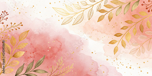 Elegant watercolor splash background with soft pink and peach tones, accented by delicate gold foil leaves or flowers