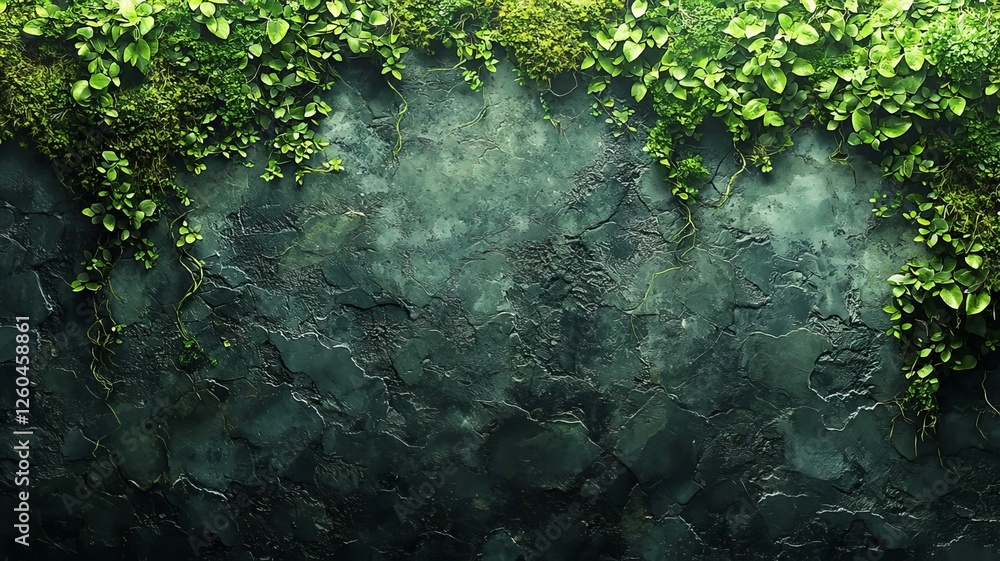 Fototapeta premium Lush green vines cascading over a textured stone wall, creating a serene and natural backdrop perfect for eco-friendly designs and nature-themed projects.