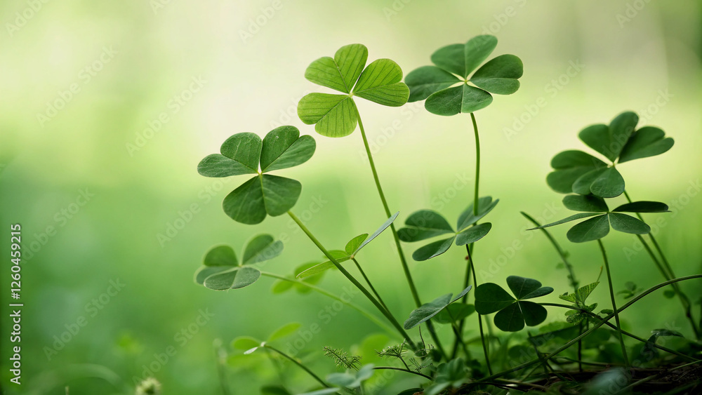 Close-up of vibrant shamrocks in a soft green natural setting. Close-up of vibrant shamrocks in a soft green natural setting.
