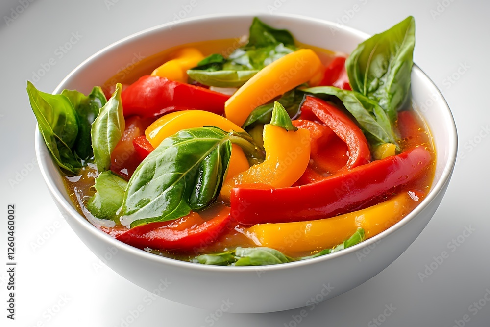 A visually striking bowl of vegetable soup featuring bright peppers and leafy greens, centered on a clean white backdrop to enhance presentation. A visually striking bowl of vegetable soup featuring bright peppers and leafy greens, centered on a clean white backdrop to enhance presentation.