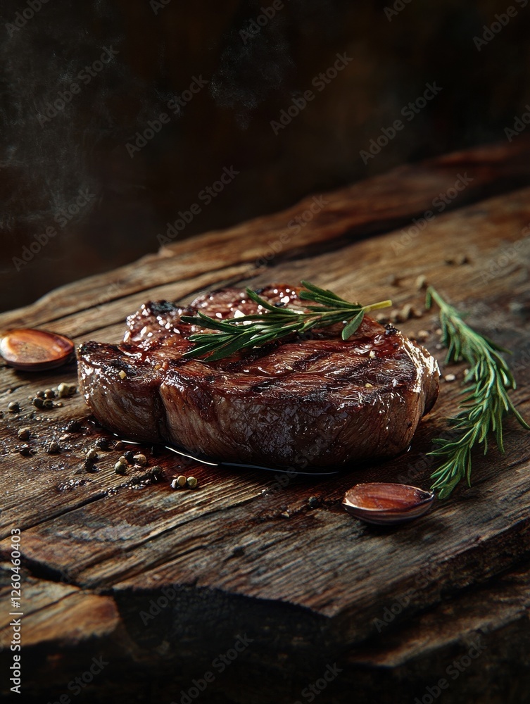 Grilled steak with herbs and spices on a rustic wooden table Grilled steak with herbs and spices on a rustic wooden table