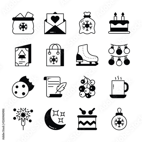 This set of icons depicts various winter holiday elements, including gifts, decorations, treats, and activities