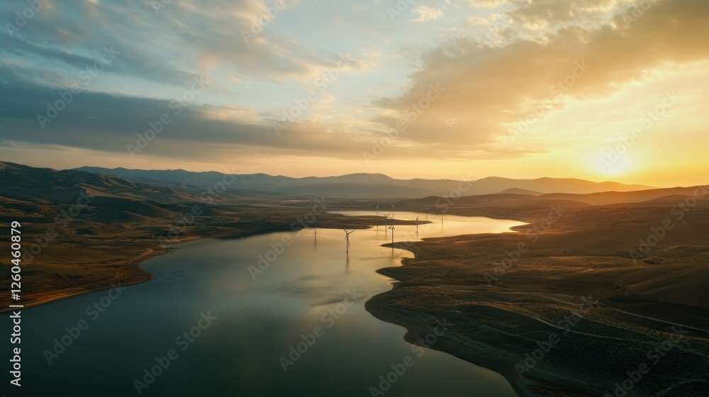 Scenic Lake Landscape with Wind Turbines at Sunset: Renewable Energy Scenic Lake Landscape with Wind Turbines at Sunset: Renewable Energy