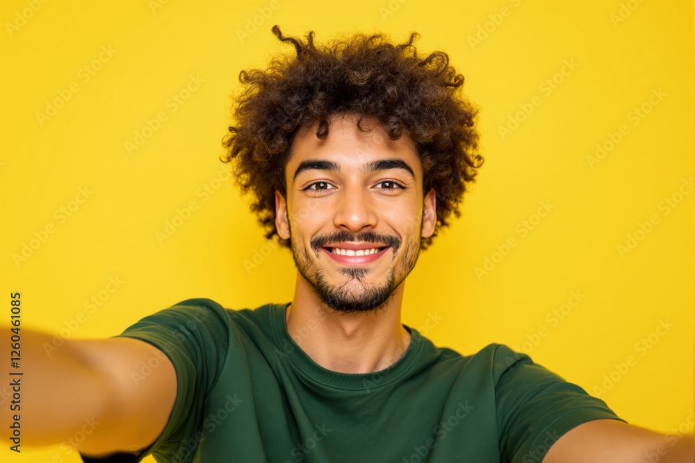 Smiling young man with curly hair taking a selfie, wearing a green shirt against a bright yellow background. Happiness, confidence, and positivity concept. Ai generative Smiling young man with curly hair taking a selfie, wearing a green shirt against a bright yellow background. Happiness, confidence, and positivity concept. Ai generative