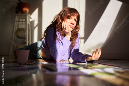 Woman in Sunlight Examining Printed Materials Indoors photo